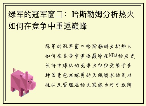 绿军的冠军窗口：哈斯勒姆分析热火如何在竞争中重返巅峰